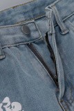 Blue Casual Print Patchwork High Waist Regular Denim Jeans