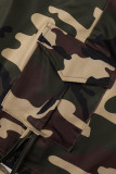 Camouflage Sexy Casual Camouflage Print Hollowed Out Frenulum Backless Turndown Collar Long Sleeve Two Pieces