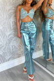 Light Blue Casual Solid Patchwork Regular High Waist Conventional Solid Color Bottoms