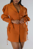 Tangerine Red Casual Solid Bandage Patchwork Buckle Turndown Collar Outerwear