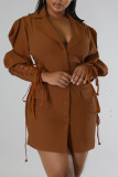 Dark Brown Casual Solid Bandage Patchwork Buckle Turndown Collar Outerwear