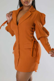 Tangerine Red Casual Solid Bandage Patchwork Buckle Turndown Collar Outerwear