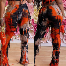 Red Casual Street Tie Dye Tassel Regular Mid Waist Speaker Full Print Bottoms