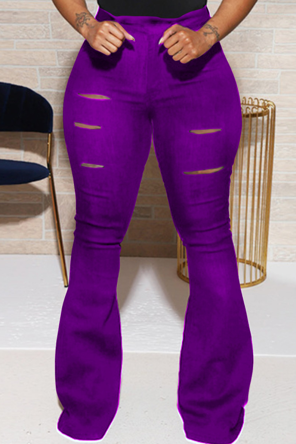 Purple Street Solid Buttons Boot Cut High Waist Speaker Bottoms