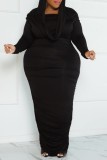 Rose Red Casual Solid Fold Off the Shoulder Long Sleeve Plus Size Dresses