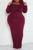 Burgundy Casual Solid Fold Off the Shoulder Long Sleeve Plus Size Dresses