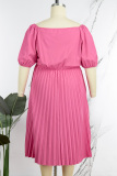 Rose Red Casual Solid Patchwork Fold V Neck Straight Plus Size Dresses
