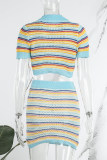 Blue Sexy Casual Striped Print Slit Turndown Collar Short Sleeve Two Pieces