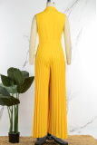 Yellow Sexy Solid Bandage Hollowed Out Patchwork Fold Turndown Collar Straight Jumpsuits