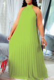 Fluorescent Green Elegant Solid Patchwork Fold Halter A Line Plus Size Dresses