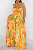 Yellow Casual Vacation Simplicity Floral Printing Contrast Smocking Strapless Straight Jumpsuits