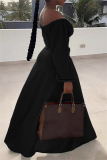 Black Casual Vacation Solid Slit Fold Off the Shoulder Long Sleeve Two Pieces