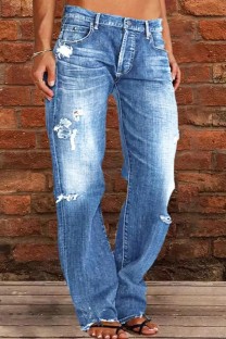Blue Casual Solid Ripped Patchwork Mid Waist Regular Denim Jeans