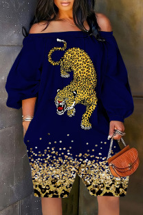 Dark Blue Yellow Casual Print Basic Off the Shoulder Regular Romper