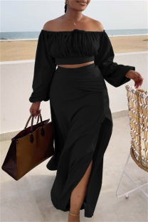 Black Casual Vacation Solid Slit Fold Off the Shoulder Long Sleeve Two Pieces