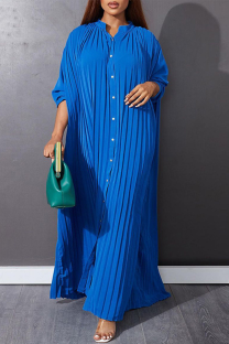 Blue Casual Solid Buckle O Neck Dresses