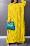 Yellow Casual Solid Buckle O Neck Dresses