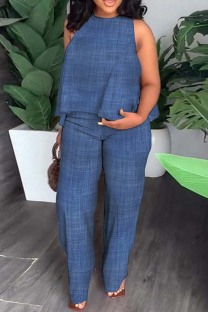 Blue Casual Print Basic O Neck Sleeveless Two Pieces