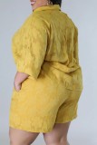 Yellow Casual Solid Patchwork Shirt Collar Plus Size Two Pieces