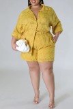 Yellow Casual Solid Patchwork Shirt Collar Plus Size Two Pieces
