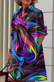 Multicolor Casual Print Patchwork Turndown Collar Shirt Dress Dresses