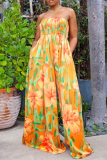 Yellow Casual Vacation Simplicity Floral Printing Contrast Smocking Strapless Straight Jumpsuits