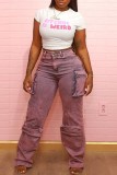 Pink Casual Solid Patchwork High Waist Regular Denim Jeans