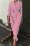 Pink Elegant Solid Patchwork Fold With Belt V Neck Long Sleeve Plus Size Dresses