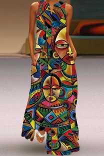 Multicolor Casual Print Basic V Neck Long Dress Dresses
