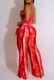 Red Sexy Casual Print Tassel Backless Spaghetti Strap Sleeveless Two Pieces