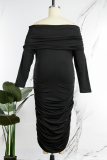 Black Casual Solid Fold Off the Shoulder Long Sleeve Plus Size Dresses