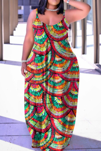 Orange Red Sexy Casual Print Backless Spaghetti Strap Long Dress Dresses