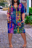 Colour Casual Print Basic V Neck Short Sleeve Dress
