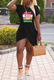 Black Casual Letter Patchwork High Opening O Neck One Step Skirt Short Sleeve Dress