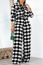 Black Casual Print Patchwork Turndown Collar Long Sleeve Two Pieces