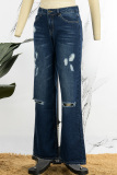 Deep Blue Casual Solid Ripped Patchwork Mid Waist Regular Denim Jeans