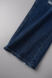 Light Blue Casual Solid Ripped Patchwork Mid Waist Regular Denim Jeans