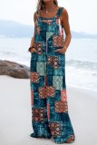 Blue Casual Printed Stitching Halter Strap Wide-leg Jumpsuit