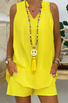 Yellow Casual Solid Basic V Neck Sleeveless Two Pieces