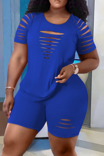 Blue Casual Solid Ripped Hollowed Out O Neck Plus Size Two Pieces