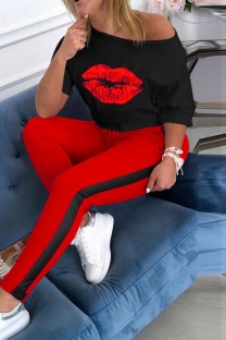 Red Casual Lips Printed Basic Oblique Collar Half Sleeve Two Pieces