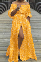 Yellow Casual Print Patchwork Slit Off the Shoulder Long Dress Dresses