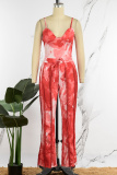Rose Red Sexy Casual Print Tassel Backless Spaghetti Strap Sleeveless Two Pieces