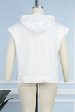 White Casual Simplicity Solid Draw String Slit Hooded Collar Tops