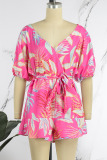 Pink Casual Cute Vacation Floral Printing V Neck Straight Jumpsuits