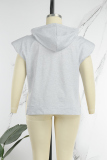White Casual Simplicity Solid Draw String Slit Hooded Collar Tops