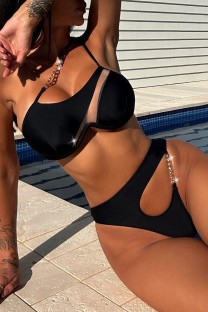 Black Sexy Solid Hollowed Out Patchwork Chains Backless Swimwears (With Paddings)