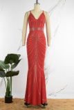 Red Sexy Formal Hot Drilling Hot Drill V Neck Sheath Dresses