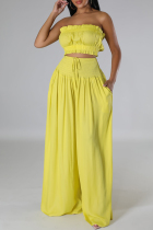 Yellow Casual Elegant Vacation Solid Fold Strapless Sleeveless Two Pieces