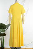 Yellow Casual Solid Patchwork Pocket Turndown Collar Straight Dresses